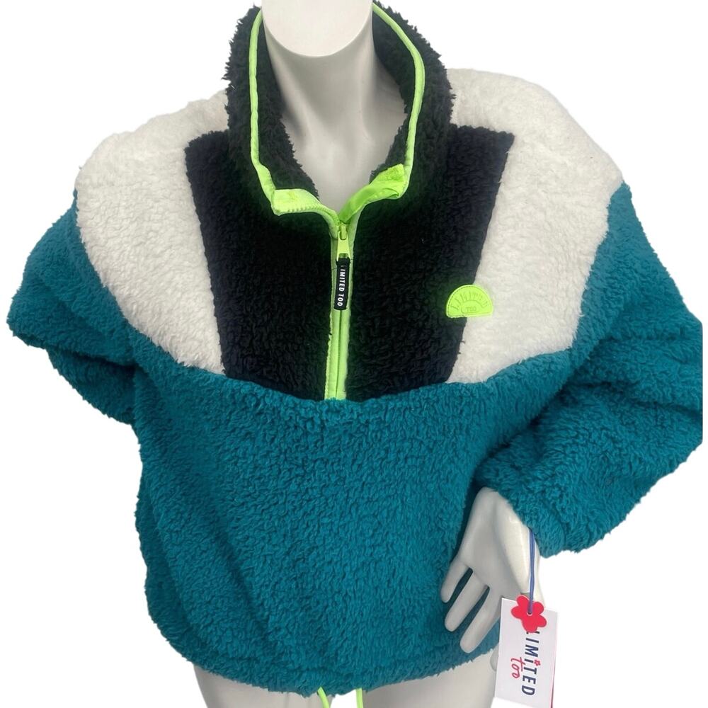 Limited Too Girls Sherpa 1/4 Zip Pullover Teal Cream Black Lime NWT Sz XL 16/18